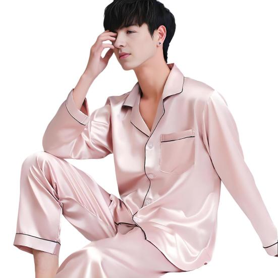 Комплект мужской пижамы из 2 предметов: Топ с лацканами и длинными рукавами на пуговицах, эластичные свободные длинные брюки. Домашняя одежда.