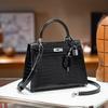 Crocodile Pattern Cowhide Kelly Bag: Versatile Crossbody Shoulder High-End Leather Handbag for Women
