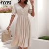 Women's Fashion Summer Spring Solid Color Print Short Sleeve V-Neck High Waist Casual Dresses