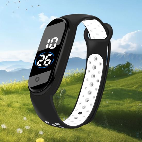 Светодиодные электронные часы Водонепроницаемые противоскользящие регулируемые двухцветные ремешки из ТПУ Прямоугольный циферблат Детские студенческие повседневные спортивные цифровые наручные часы