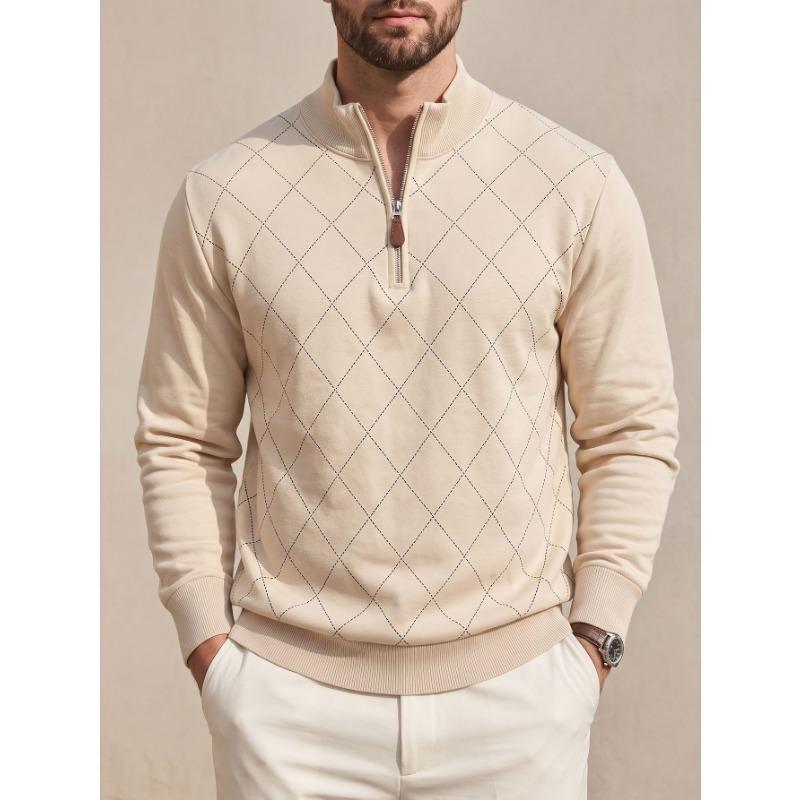 Men S Casual Half Zip Stand Collar Long Sleeve Pullover Sweatshirt Rhombus Pattern