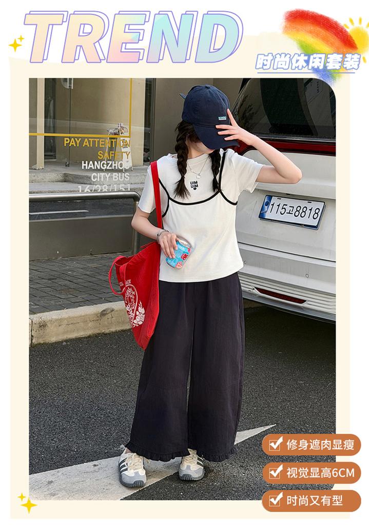 Girls' fake two-piece lace pants set 2026 summer new fashionable and versatile short sleeved casual two-piece set trendy