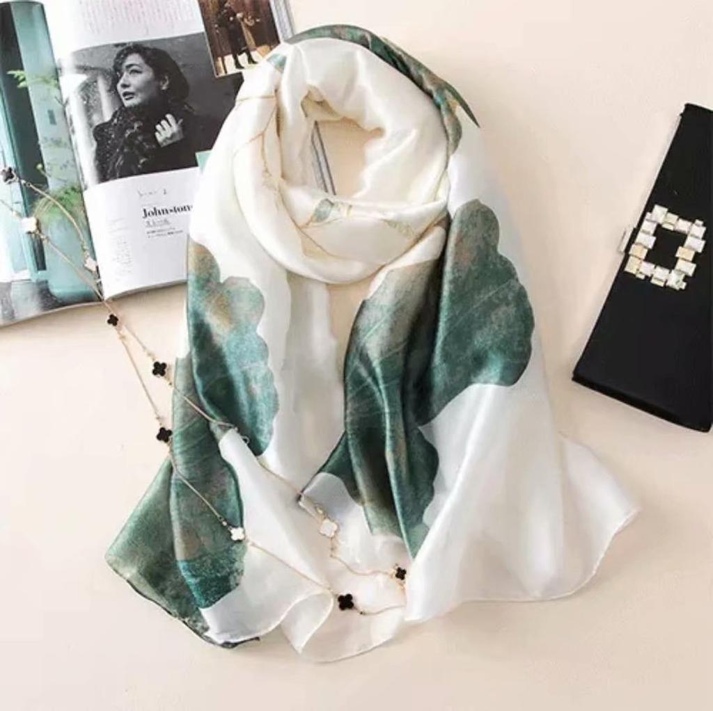 Long Silk Scarf Spring and Summer Thin Style Printed Scarf Beautiful Brocade Lotus Shawl Imitation Silk Scarf Gauze Scarf