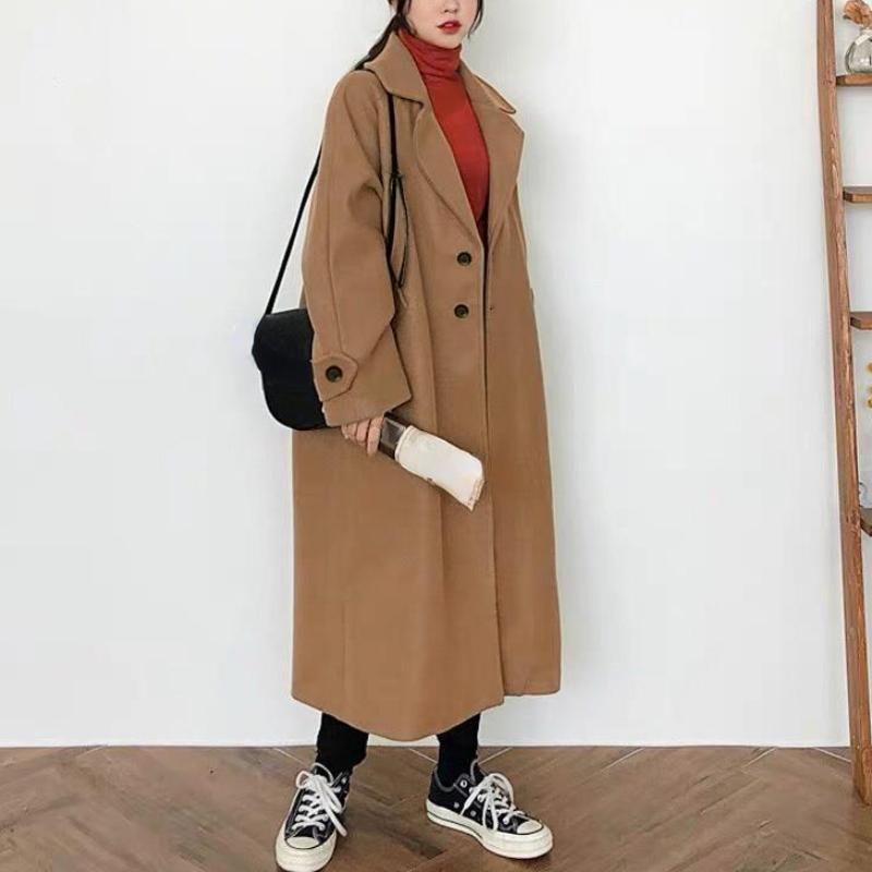 Осеннее женское элегантное шерстяное пальто, корейская мода, черная универсальная длинная куртка, женская зимняя утепленная теплая свободная одежда, новое пальто