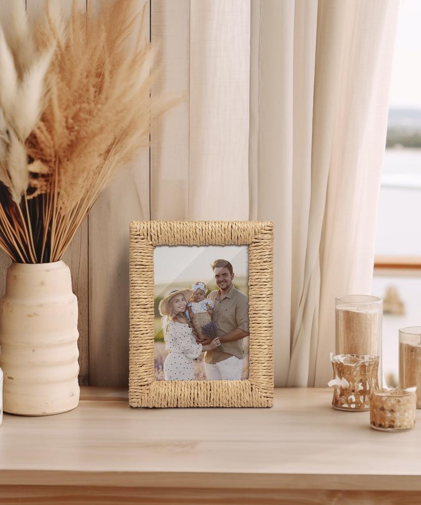 Creative Handmade Braided Hemp Rope Wooden Photo Frame, Rattan Decorative Piece, Bohemian Style Picture Frame Jewer Box