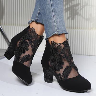 Кружевные сетчатые туфли-ботильоны на высоком каблуке для женской моды больших размеров с круглым носком и толстым каблуком, крутые ботинки часто встречаются