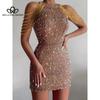 Весна-лето, новая мода, сексуальное платье с вырезом и кисточками на бедрах, с блестками, в европейском и американском стиле, вечернее платье со средней талией
