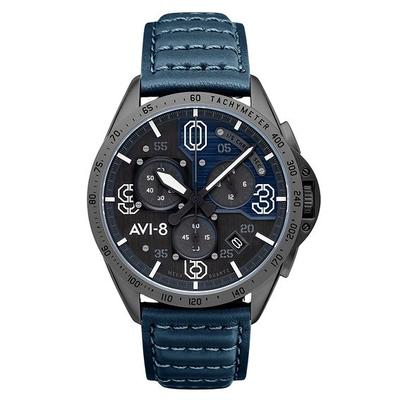 P-51 Mustang Blakeslee Chronograph Air Blue Leather Strap Серый и синий циферблат Кварцевые часы AV-4077-04 Мужские часы