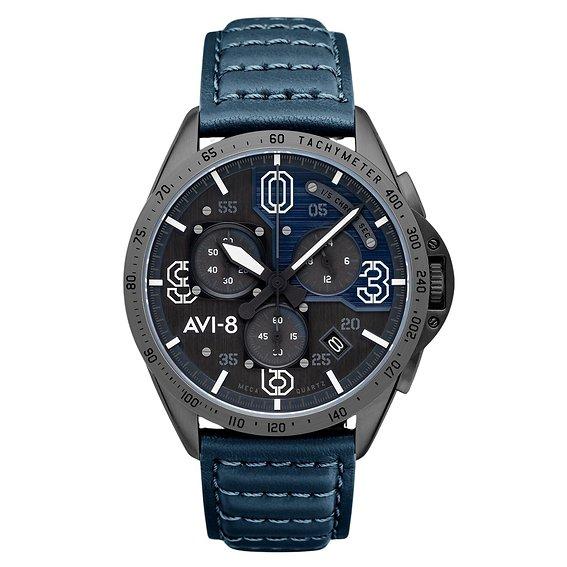 AVI-8 P-51 Mustang Blakeslee Chronograph Air Blue Leather Strap Серый и синий циферблат Кварцевые часы AV-4077-04 Мужские часы