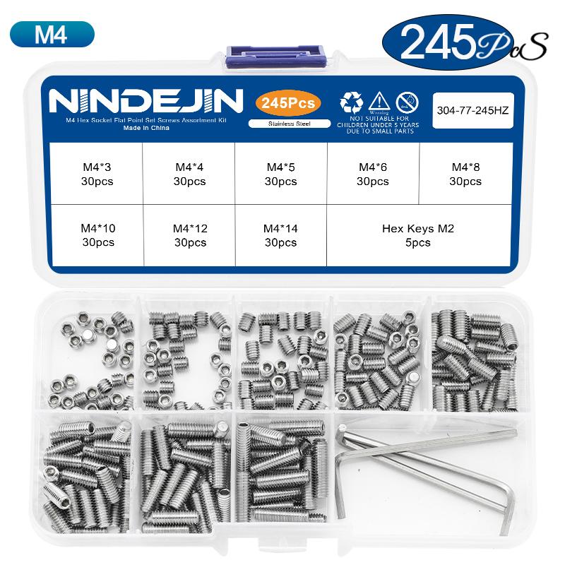 NINDEJIN Flat Point Set Screw Assorment Kit Stainless Steel M2-M10 Hexagon Socket Headless Set Grub Screw Kit with Hex Key