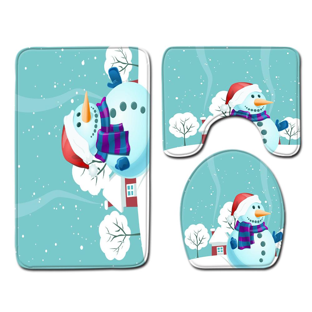 Christmas Shower Curtain Floor Mat Combination Four-Piece Bathroom Non-Slip Door Mat Foot Mat Bedroom Living Room Carpet