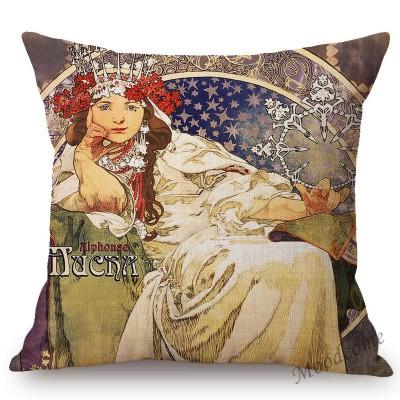 Vintage European Art Nouveau Mucha Gallery Decorative Sofa Pillow Cover Beautiful Beauty Girl Cotton Linen Luxury Cushion Cover