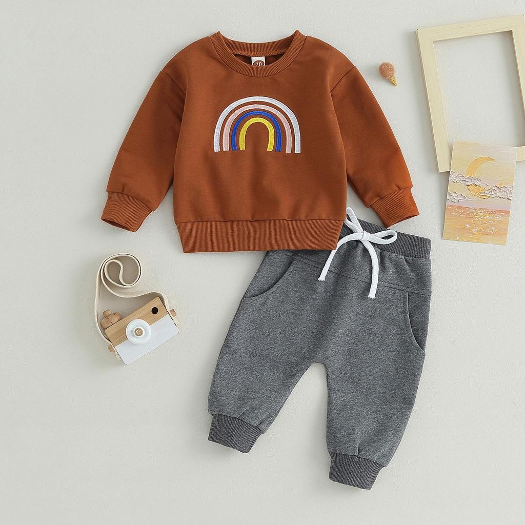 Осенние наряды для мальчиков 6 мес, 12 мес, 18 мес, 24 мес, 3 года, толстовки с длинными рукавами с радужной вышивкой и однотонные длинные штаны, комплект одежды из 2 предметов