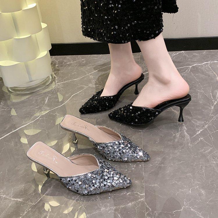 Sequins Fashion High Heels Women's Stilettos 2025 Spring and Summer New Bag Head Half Drag Women's Shoes Summer Wear Cool Slippers Women