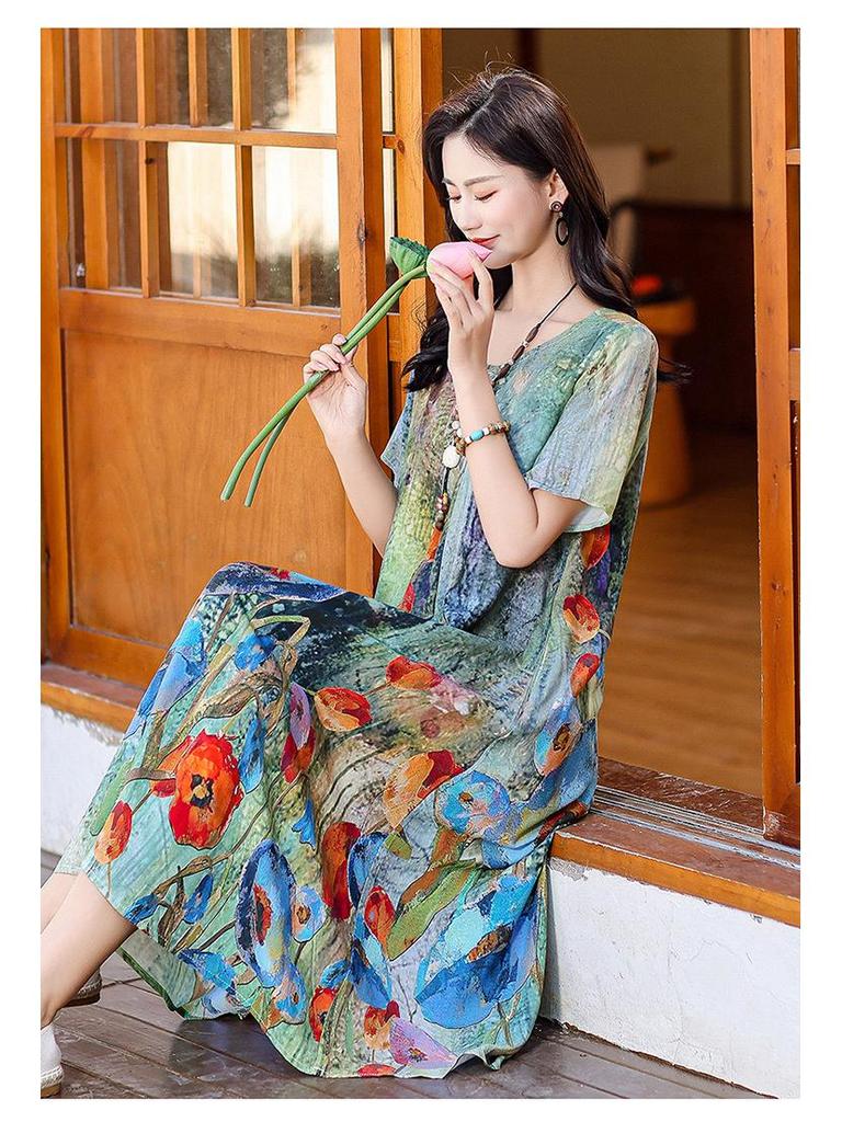 Летнее этническое миди-платье с цветочным принтом из хлопка и шелка – с коротким рукавом, свободного кроя, стройнящая накидка для мам