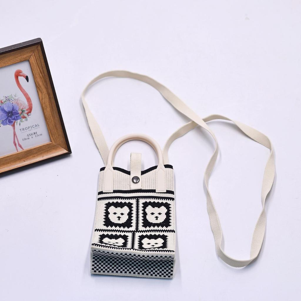 Women Cartoon Knitted Handheld Outdoor Crossbody Bag Leisure Cute Inclined Shoulder Bags Snap Button Mobile Phone Bags