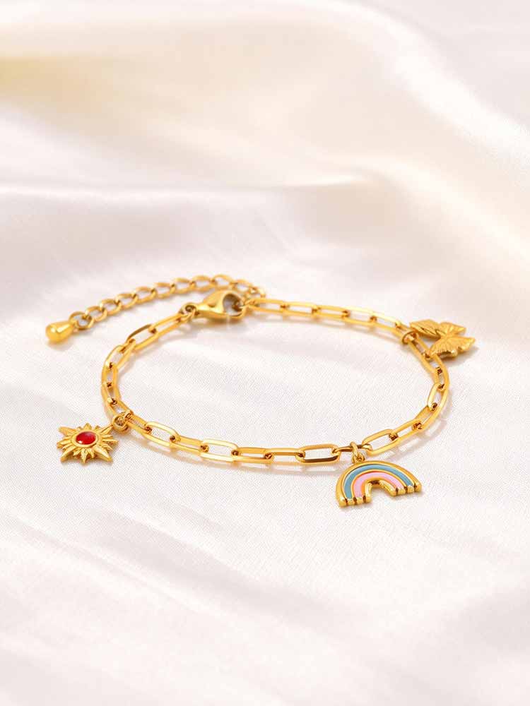 Paperclip Chain Charm Bracelet Gold Plated Stainless Steel Sun Rainbow Butterfly Adjustable Women Jewelry