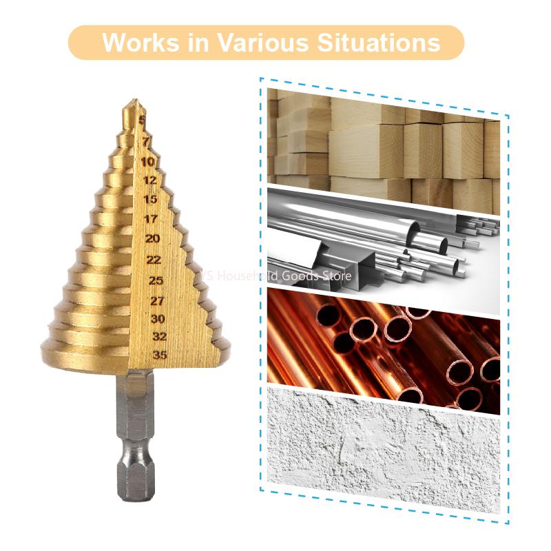 Wood Plastic Aluminum Hole Expand Tool Accessory 5-35 Gold Titanium Plate Pagoda Drill Hexagonal Straight Groove Step Drill Bit