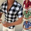 Men's Summer Fashion Short-sleeved Plaid Printed Shirt with Zipper Lapel Business Casual Shirt Top