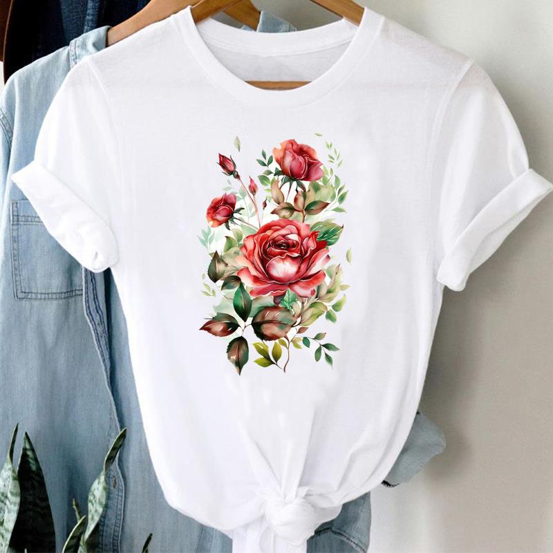 (Азиатский размер) Женская футболка с милым цветочным принтом, милая женская футболка 90-х годов, верхняя одежда, повседневная модная футболка с короткими рукавами, женские футболки с графическим рисунком
