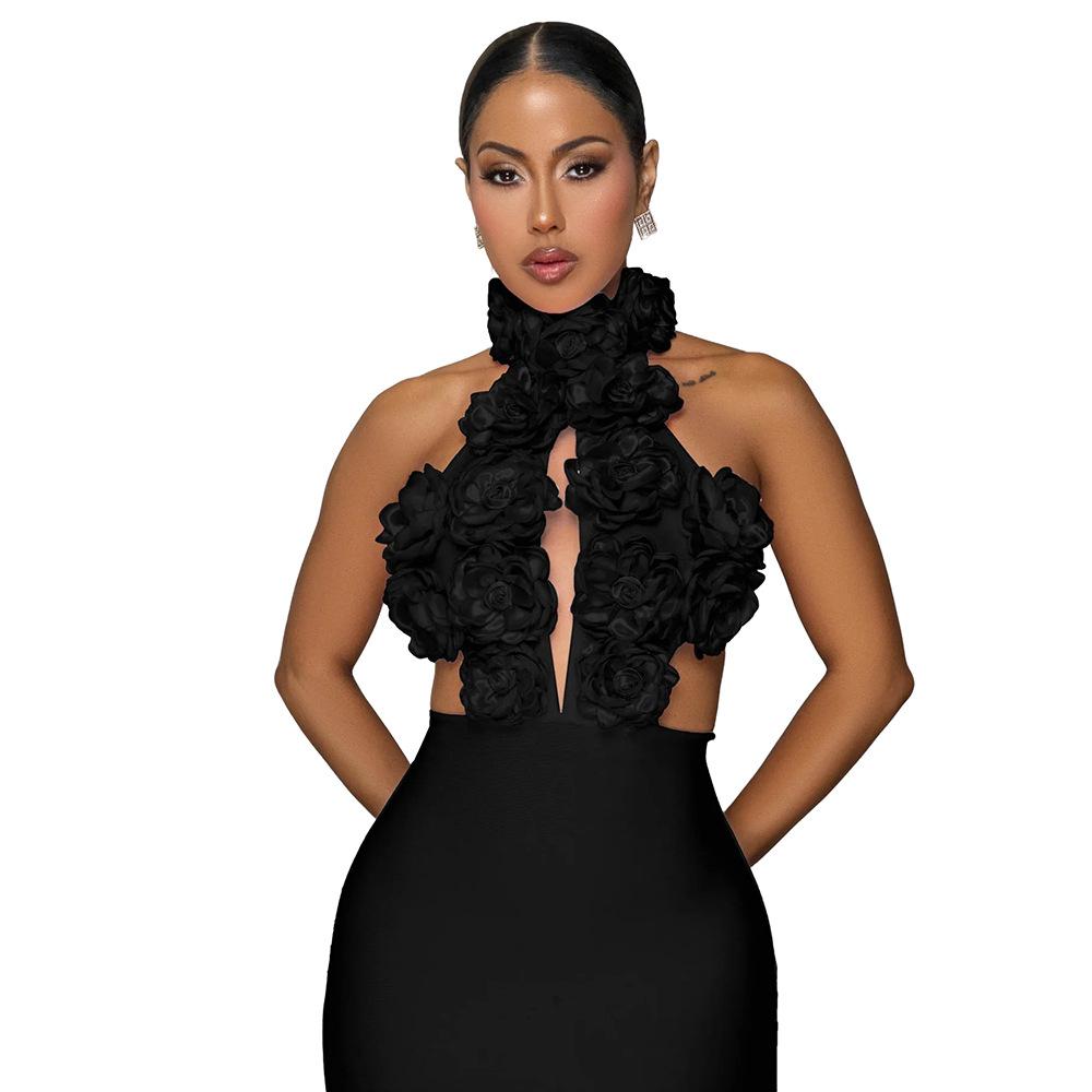 CY901911 New hot-selling dress sexy neck big flower evening dress dress women