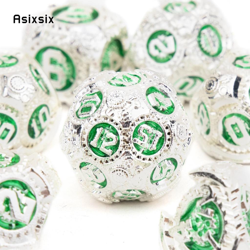 7 Pcs White Green Gear Wheel Metal Dice Solid Metal Polyhedral Dice Set Suitable for Role-Playing RPG  Board Game Card Game