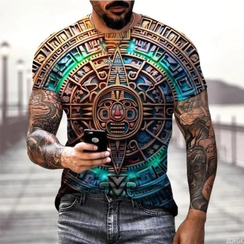 Летняя футболка с круглым вырезом, графическим принтом календаря ацтеков и 3D-печатью, модная, повседневная, с коротким рукавом, мужская
