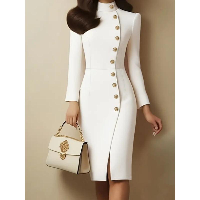 DAFIFY Женская мода Весна Осень Однотонный принт Длинный рукав Воротник-стойка Высокая талия Повседневные платья