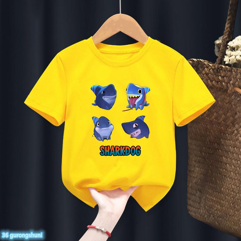 Милая Детская Футболка с Мультяшным Принтом Акула и Акулопес, Каваи, Летняя Одежда для Малышей, Белая Футболка с Короткой Рукавой