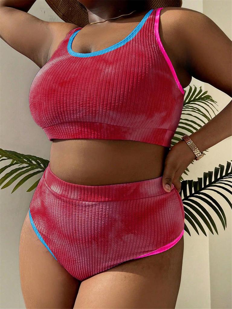Plus Size Women's Color Block Tie-Dye Tankini Swimsuit P017