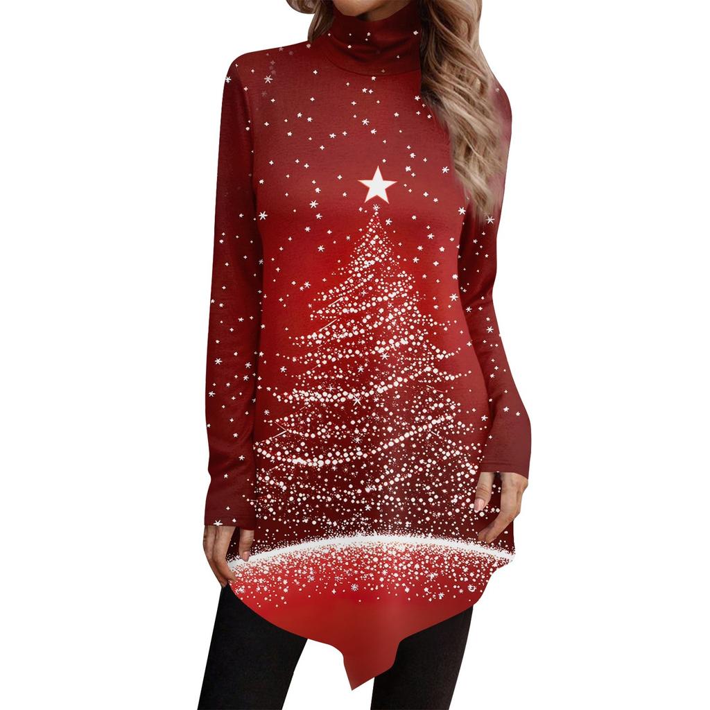 Casual Fashion Christmas Print Shirt Tops High Neck Irregular Hem Long Sleeve Pullover Tops