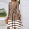 Женское модное повседневное миди-платье с V-образным вырезом, длинным рукавом, полосатым принтом на талии