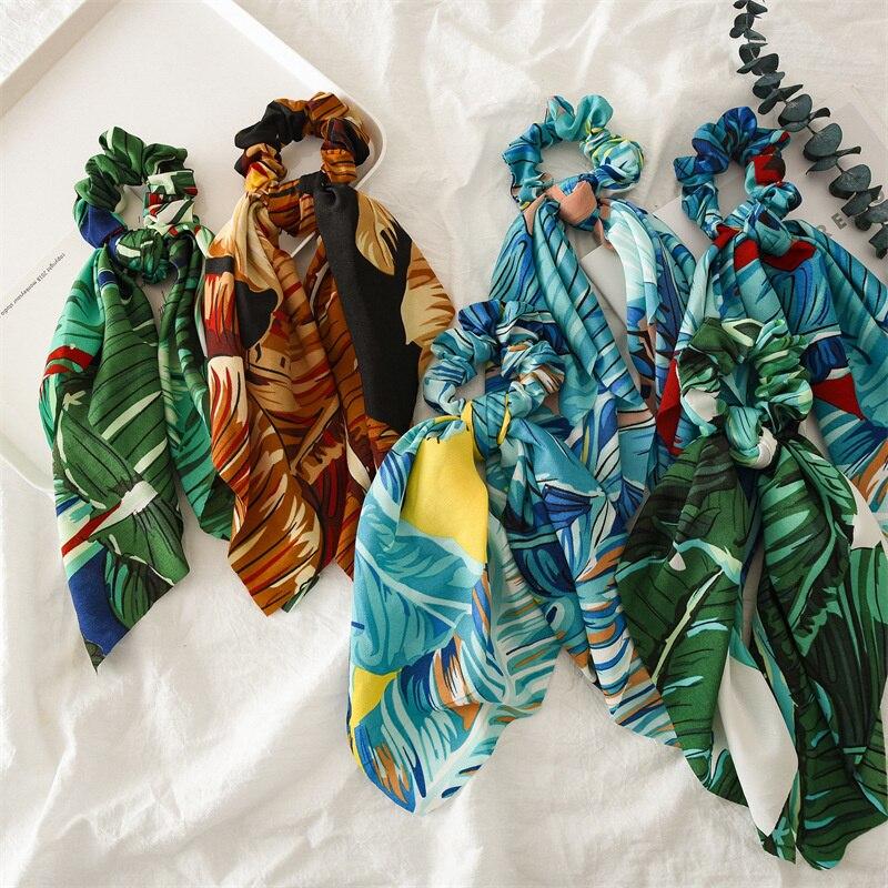 New Fashion Print Leaf Long Scarf Hair Band For Women Scrunchie Elastic Ribbon Bow Tie Ponytail Holder Hair Accessories Headwear