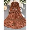 French Court Elegant Retro Dress Women's Stand-up Collar Flared Sleeves Waist Single-Breasted Lace Stitching Big Swing Dress