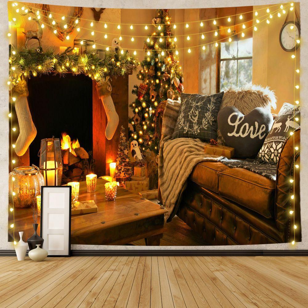 Подарочное украшение с рождественской елкой, камин, гобелен с принтом, украшение для дома, гостиной, спальни, гобелен