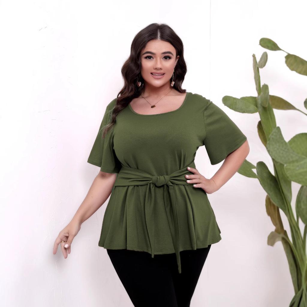 HNXC Женская простая футболка с короткими рукавами, с круглым вырезом, с поясом, облегающая, большого размера