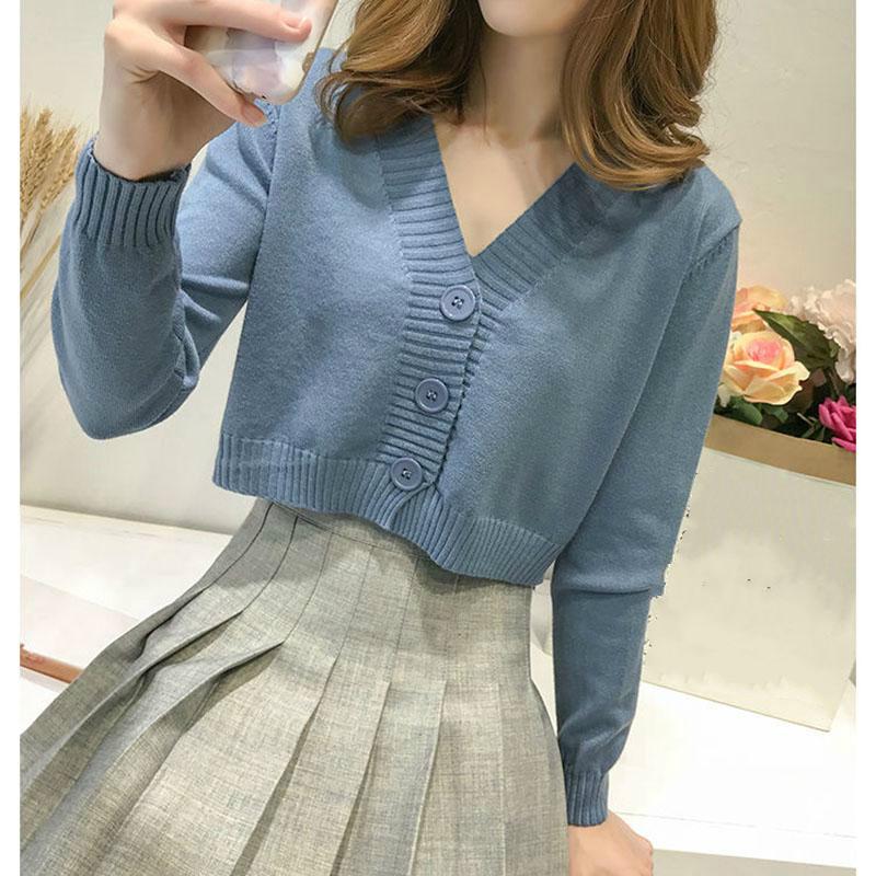 Женский вязаный кардиган с v-образным вырезом, женский повседневный универсальный короткий топ в корейском стиле, свитер