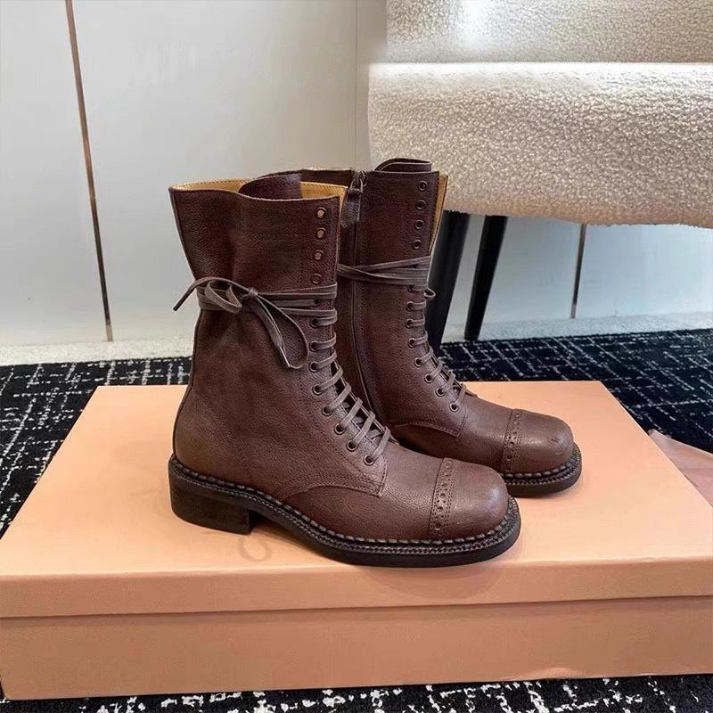 Cowhide Miumiu Genuine Leather Martin Boots Women's Autumn and Winter Maillard Western Boots Thick Heel Medium Tube Retro Short Boots