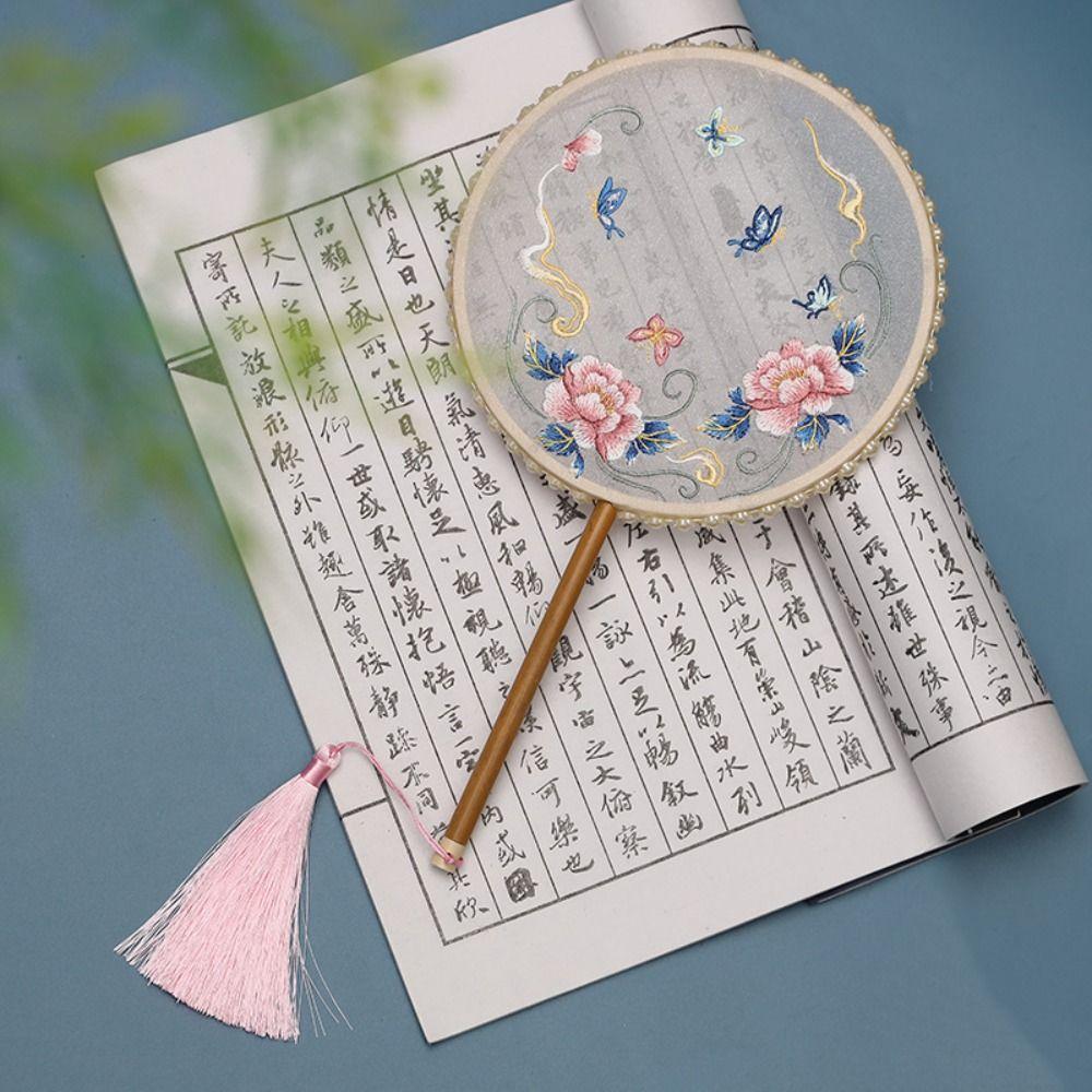 Классический круглый веер в китайском стиле, винтажный вышитый шелковый веер, двусторонний с кисточкой, ручной веер для женщин
