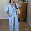 Women Spring Summer Holiday Pant Set Suits Cotton Solid Outfits V-neck 2 Two Piece Matching Set for Women