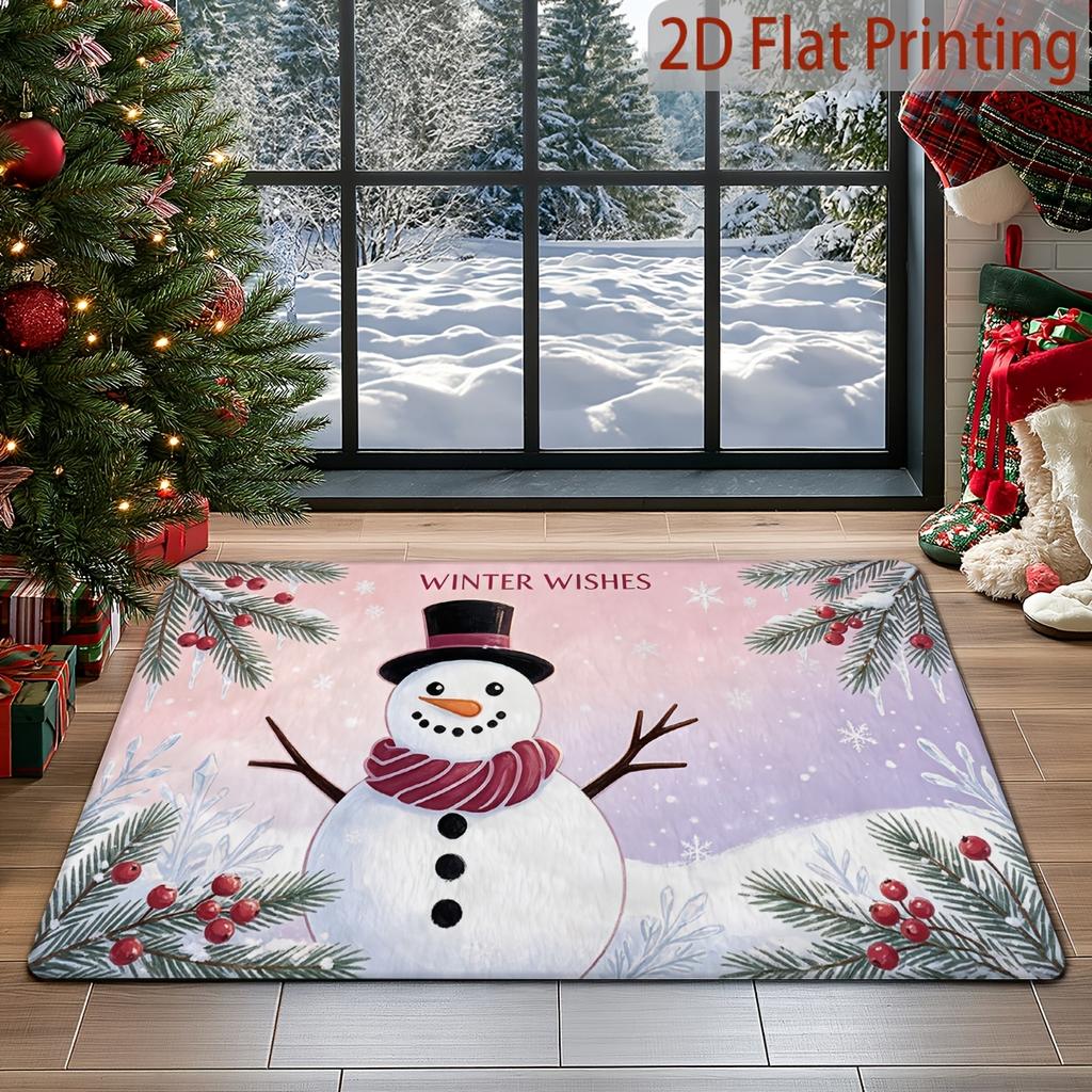 2D Flat Cute Snowman Welcome Christmas Door Mat, Velvet Material Absorbent Non-Slip Bottom Foot Pad, Cozy Carpet, Christmas New Year Home Holiday Deco