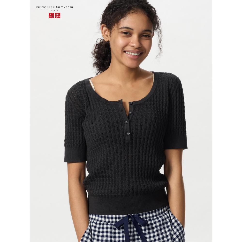 Uniqlo Японский вязаный свитер с воротником-хвостом и коротким рукавом