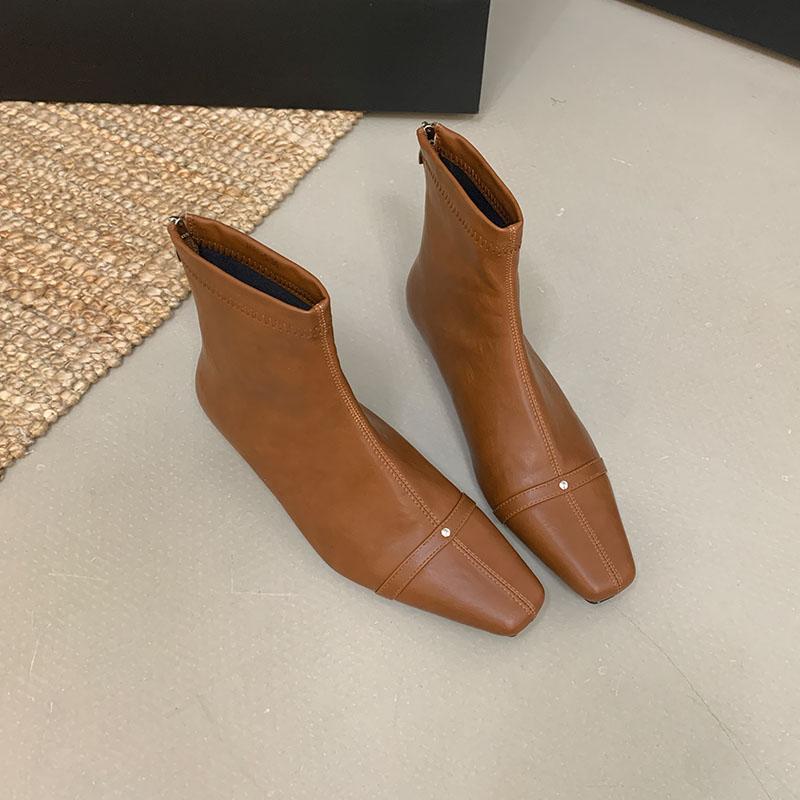 Fashion Female Square Toe Ladies Ankle Boots Low Heel Shoes Fashion Elastic Women Short Stretch Boots With Zippers Shoes
