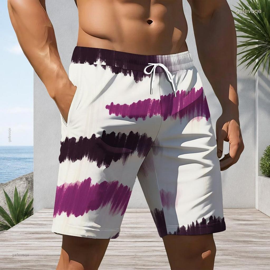 Men Plus Size Tie Dye Striped Beach Shorts Quick Dry Swim Trunks Drawstring Casual Shorts For Summer Beach Swimming Surfing