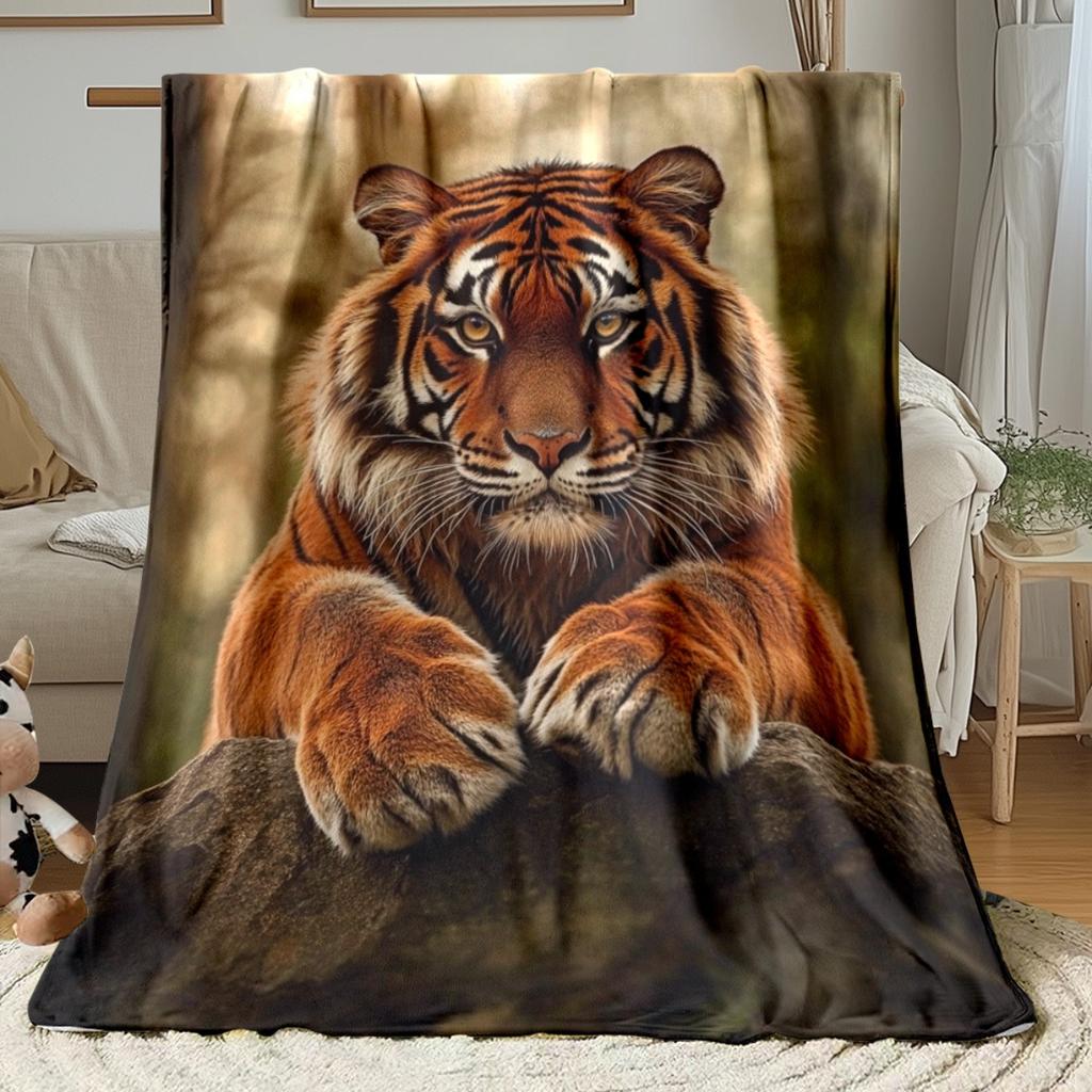 Custom Tiger Blanket Realistic Tiger on Rock Forest Design Personalized Name Fleece Throw All Season Soft Warm Bedding Home