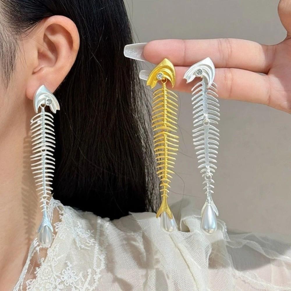 Punk Gothic Fish Bone Pearl Earrings Fishbone Shaped Drop Earrings Exaggerated Eardrop  Women