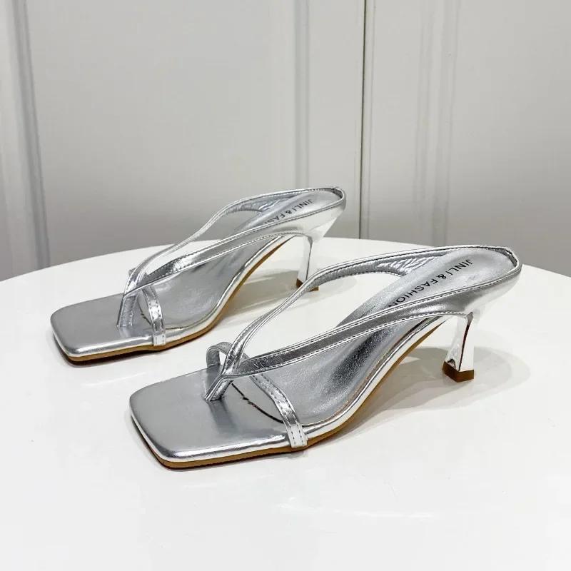 2024 Women's Summer Sandals High Heels Sexy Square Toe Slippers Women's Flip Flop Buckle Party Sandals Large Size Heels