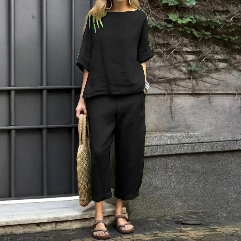 Женский однотонный повседневный хлопковый льняной комплект с рукавами 3/4 и круглым вырезом, топ и брюки