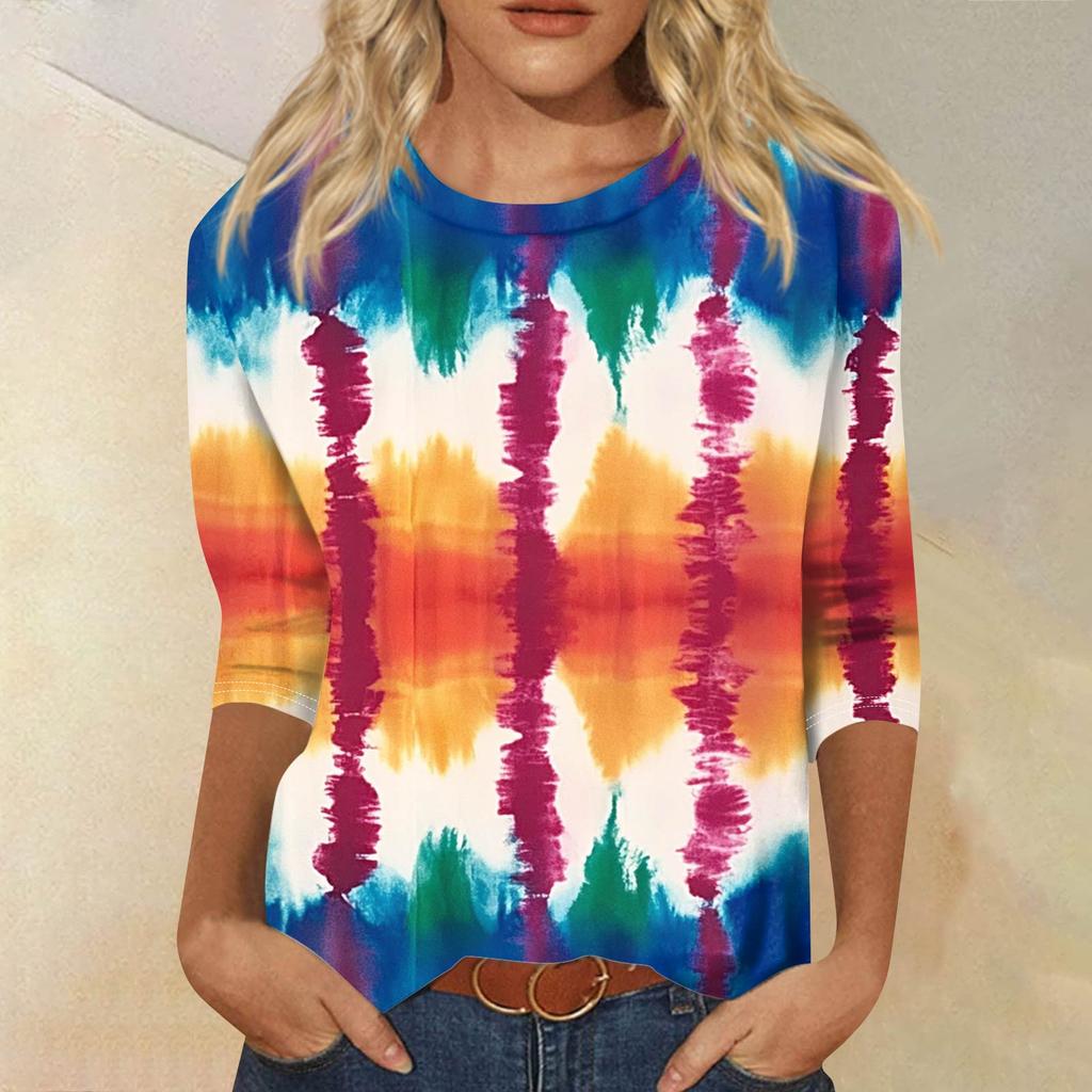 Женская модная повседневная футболка с рукавом семь восьмых, принтом и круглым вырезом