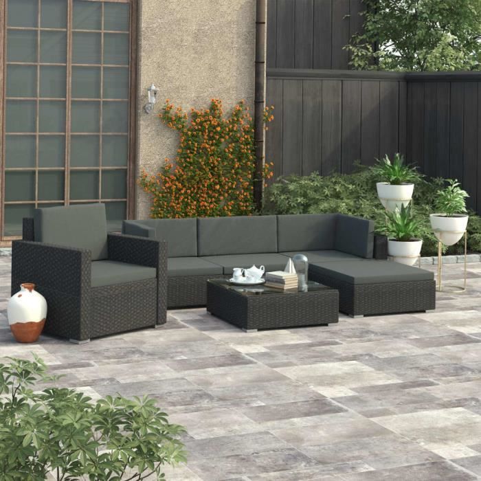 Salon de jardin - vidaXL - 6 pcs - Résine tressée noire - Coussins inclus - Acier laqué